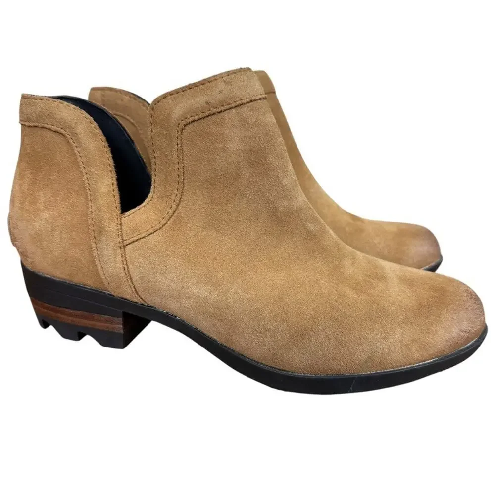 Sorel Lolla Cut Out Bootie Ankle Boots Beige Suede Leather Shoes Womens sz 7.5